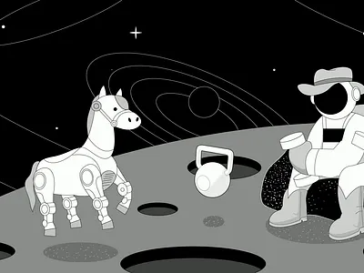 Mission Sleep Fitness - Texas animation astronaut black and white cowboy future galaxy gravity health horse illustration moon motion graphics planet robot space star texas weight lifting weights