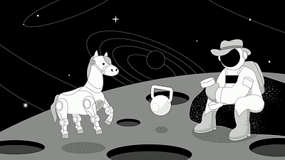 Mission Sleep Fitness - Texas animation astronaut black and white cowboy future galaxy gravity health horse illustration moon motion graphics planet robot space star texas weight lifting weights