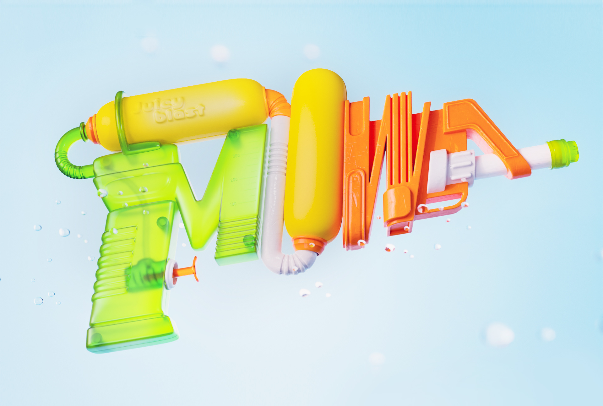 Juicy Blast 3d animation blender creative design graphic design gun illustration kid motion graphics plastic render toy typography water watergun