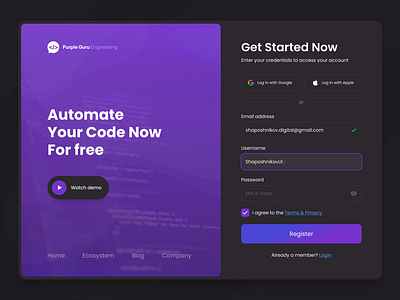 Daily UI - #001 "Sign Up" challenge code daily ui dark mode development log in modal purple registration sign in sign up soft ui ui