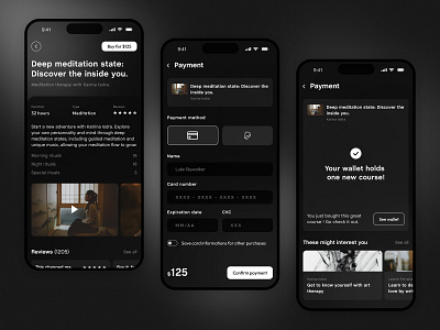 Payment tunnel for a meditation course app application black and white card informations credit card darkmode day finance lightmode minimal mobile night payment tunnel product selling page shop shopping ui ux