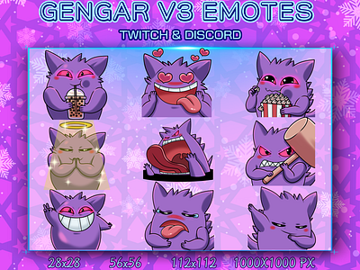 GENGAR V3 EMOTES chibi chibi emotes design discord emotes gengar chibi graphic design illustration logo pokemon pokemon chibi twitch