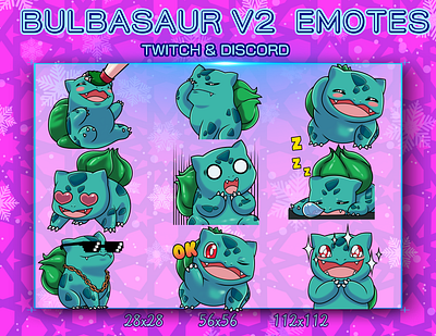 BULBASAUR V2 EMOTES bulbasaur bulbasaur chibi chibi chibi emotes cibi pokemon design discord emotes graphic design illustration logo pokemon pokemon bulbasaur pokemon chibi twitch