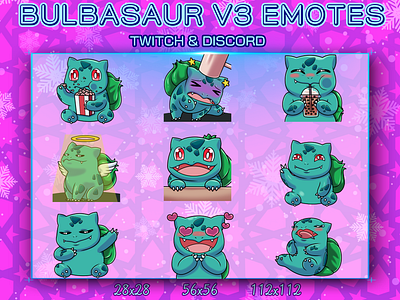 BULBASAUR V3 EMOTES bulbasaur bulbasaur chibi chibi design discord emotes graphic design illustration logo pokemon pokemon bulbasaur pokemon chibi twitch