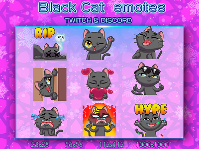 BLACK CAT EMOTES black cat chibi blaxk cat cat cat chibi chibi design discord emotes emotes chibi graphic design illustration logo twitch