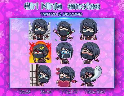 GIRL NINJA EMOTES chibi design discord emotes emotes chibi emotes ninja emotes ninja chibi girl ninja graphic design illustration logo ninja ninja chibi twitch