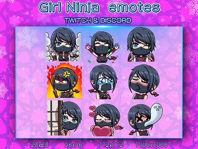 GIRL NINJA EMOTES chibi design discord emotes emotes chibi emotes ninja emotes ninja chibi girl ninja graphic design illustration logo ninja ninja chibi twitch