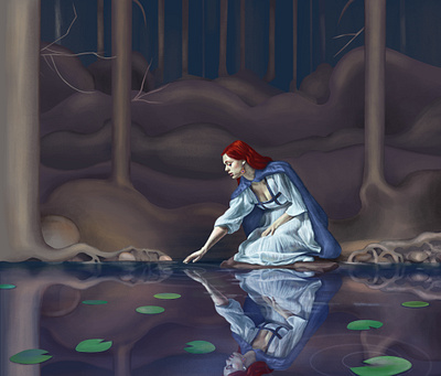 Narcissus in Chains art beauty dress druid elf forest girl illustration lake lily magic magician mermaid portrait red redhead river water