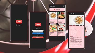 CookTube app cards cooking design favourite food guide login mobile app progress recipes red scroll step by step tutorial ui video