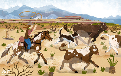 Cowgirl cattle roundup adobe fresco animals cattle childrens publishing cowgirl cows desert dog educational illustration horse illustration kidlitart nonfiction old west southwest texture