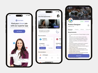 Lets Work - Job Portal App clean ui find job find work job job hunter job portal job portal app linkedin mobile app mobile design mobile ui product design ui ui design uiux user interface mobile work