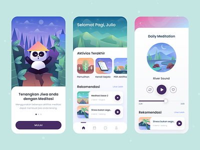 Meditation App Exploration design flat design healing health app illustration listening meditation mental mindfulness mobile app panda ui ui ux wealness