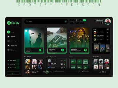 Spotify aesthetic darkmode design green minimal redesign spotify ui uiux ux web