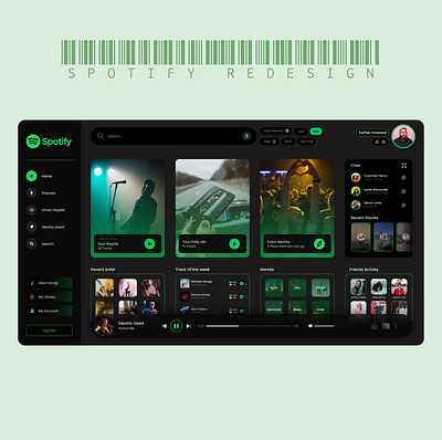 Spotify aesthetic darkmode design green minimal redesign spotify ui uiux ux web