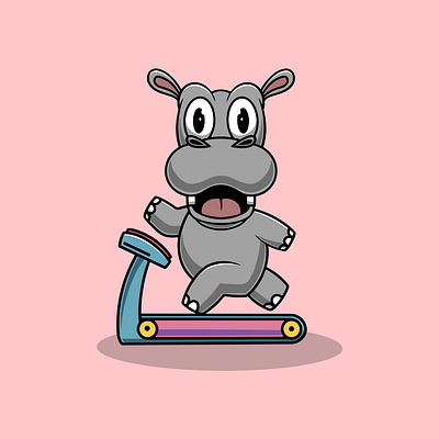 Cute Baby Hippo Running on Treadmill branding fitness kawaii ui