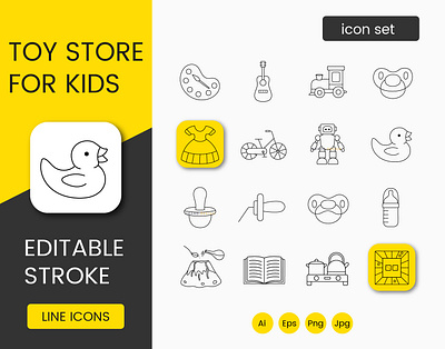 Toys for kids store, icons set rubber duck