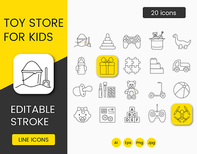 Toys for kids store, icons set cubes