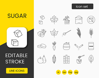 Types of sugar and sweetener, line icon set vector