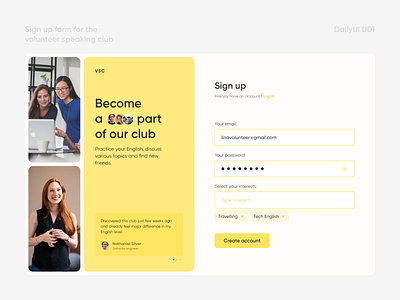 Sign up form for the speaking club dailyui design interface sign up ui web design