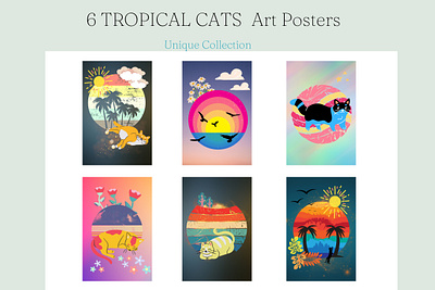 Tropical Cats Illustrations art prints beach cats cats illustration design illustration poster posters printable prints retro room decor trendy wall wall art