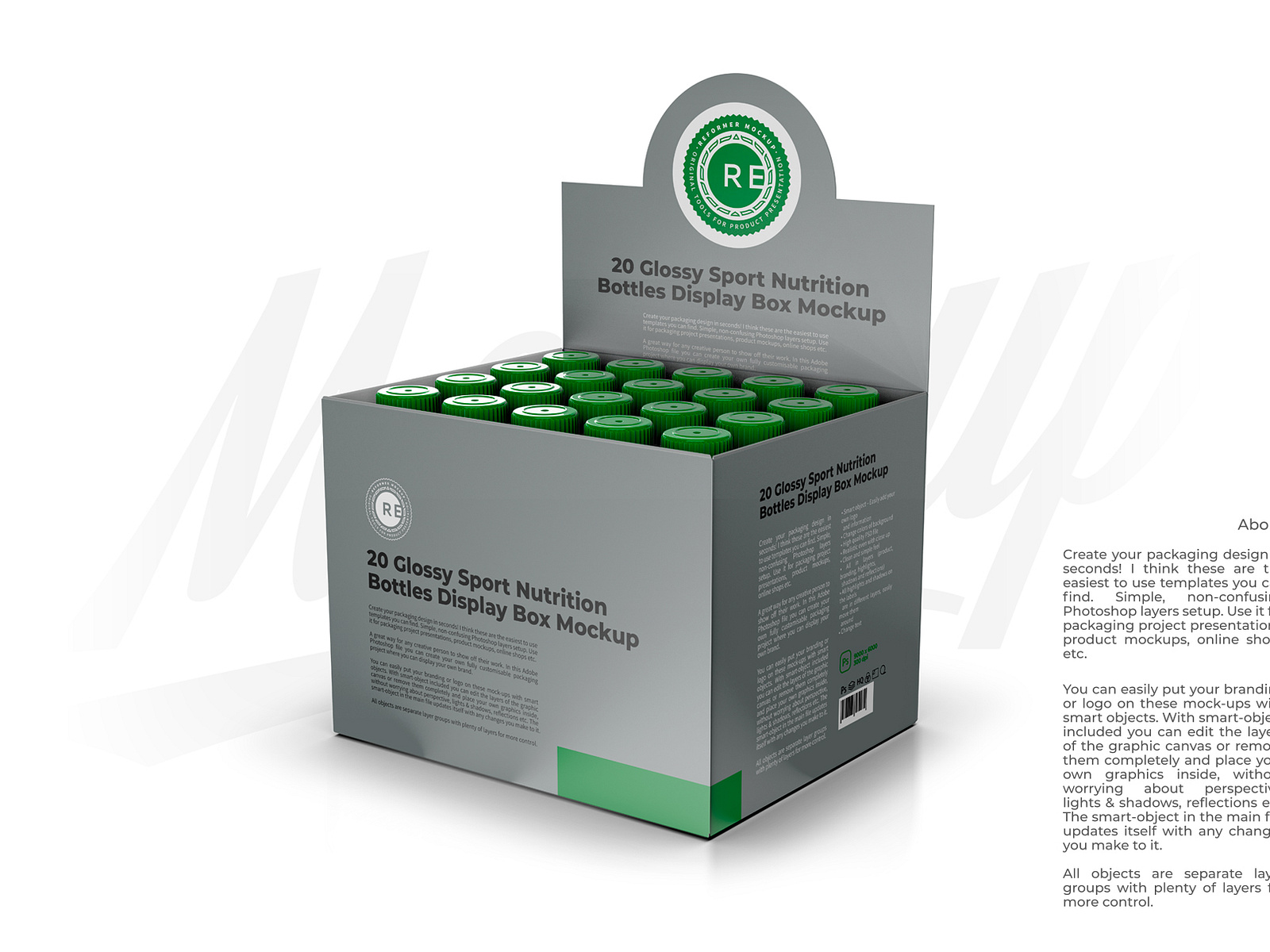 20 Glossy Sport Nutrition Bottles Display Box Mockup by Reformer Mockup