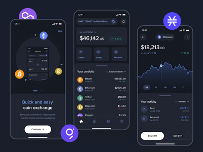 Crypto Wallet - Dark Mode 🌓 clean crypto cryptocurrency dark mode dashboard design fintech graphs investment iphone management app mobile app onboarding product design trading ui user interface visual