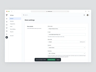 E-book Store - Settings admin app dashboard design system editing form management preferences settings toast user details