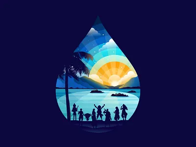 One piece anime illustration luffy manga mountain ocean one piece palm sailing sunset vector