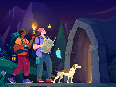 Exploring the Mountain Cave adventure boy cave character dog exploration explorer illustration landscape man monster mountain mystery night people uran