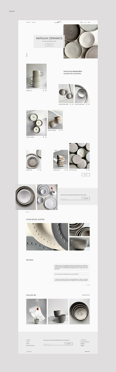 Natalka Ceramics Website / E-commerce / Online Store catalog ceramic handmade ceramic store design e commerce figma interface minimal online store prototype site map ui uiux user experience user interface ux visual design web site wireframe