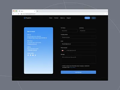 Paysphere - Contact (dark) bank banking contact contact page contact us contact us page dark ui financial fintech form forms landing landing page log in money register sign in sign up transactions web finace