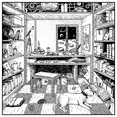 Busy room detailed dog illustration intricate linework organized chaos pen and ink room steampunk