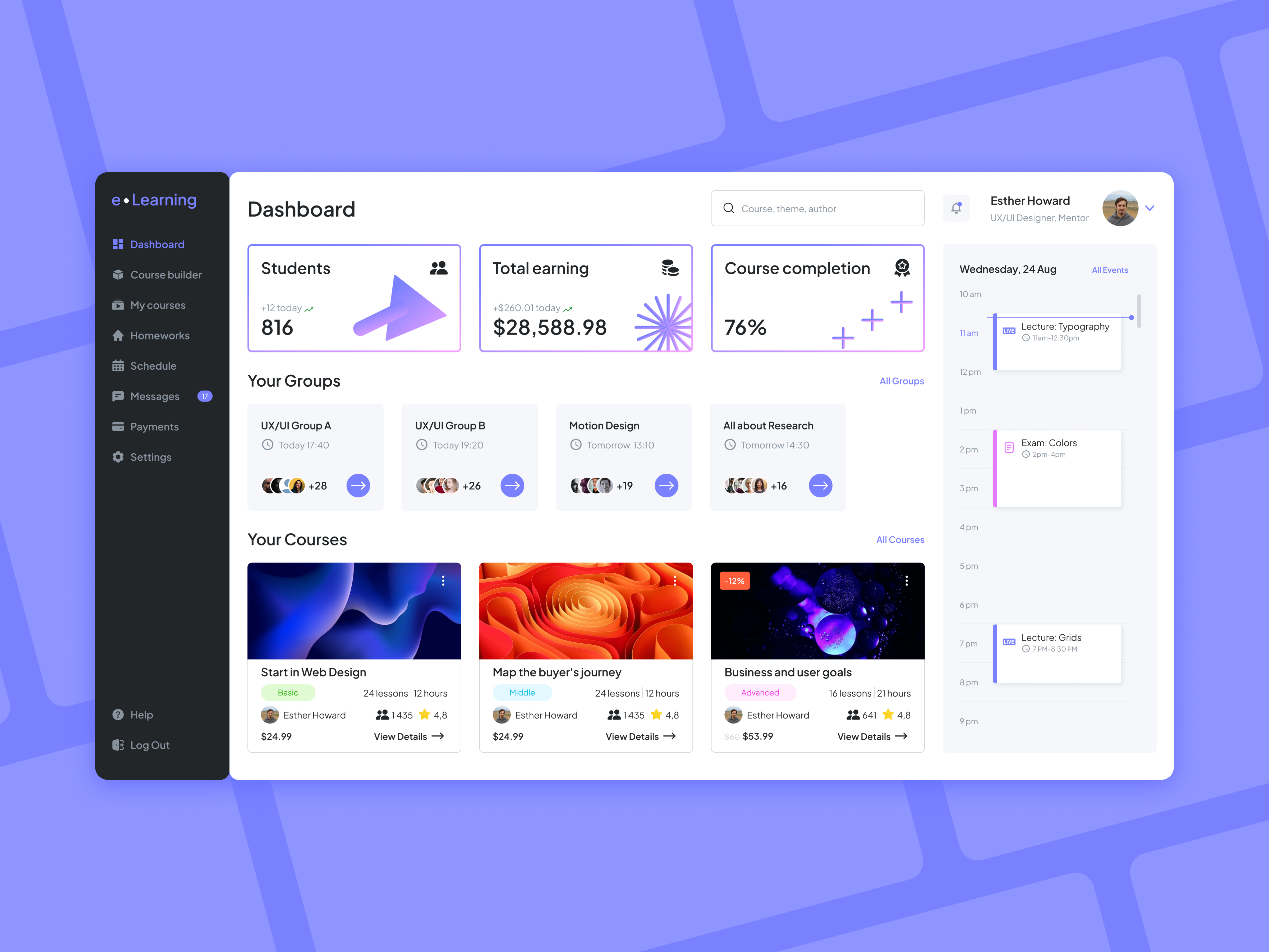 E-Learning — SaaS Digital Learning Platform UX/UI — Teacher Part animation app application case study courses dashboard design digital e learning education learning learning platform lessons product design saas schedule study teaching ui ux