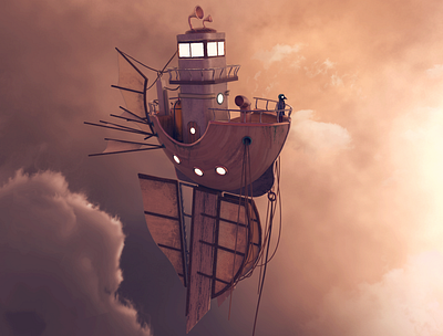 Flying Ship.. & a Crow 3d clouds crow flying keyshot photoshop ship sky texturing zbrush