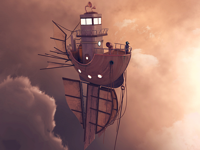 Flying Ship.. & a Crow 3d clouds crow flying keyshot photoshop ship sky texturing zbrush