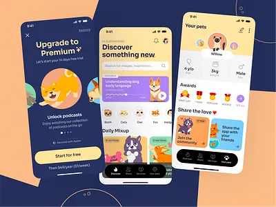 Pet Lovers Mobile App | UI Challenge #22 animals app cat clinic design dog ios mobile paywall pet adoption pet care pet sitter pets podcasts product design subscription ui ux vet veterinary