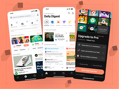 Social Aggregator Mobile App | UI Challenge #23 android app content design dribbble follow ios mobile navigation newsletters paywall product design social media social networks stories subscriptions twitter ui ux youtube