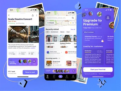 Social Place Discovery Mobile App | UI Challenge #24 android app attendance cities design events friends ios map mobile networking paywall places product design seat social network subscription theatre ui ux