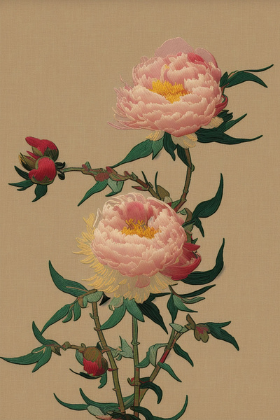 Embroidery peony flower art print asian fortune graphic design graphics japanese lucky oriental peony peony flower poster print stitch