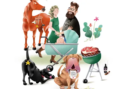 Baby on board! baby cartoon character dog family familyportrait horse illustration