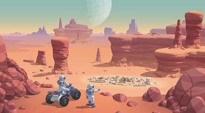 Two astronauts on a desert planet rock