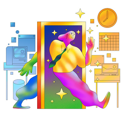 Moving on to another job - Neue Magazine affinity designer art direction bold bright character design color colour doorway editorial fun graphic illustration illustrator office retro spot illustration vector walk cycle work worklife