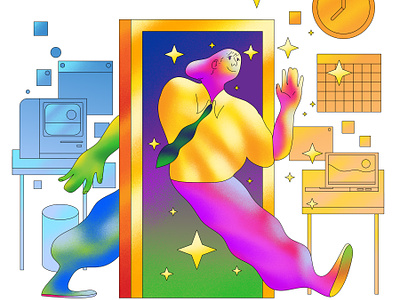 Moving on to another job - Neue Magazine affinity designer art direction bold bright character design color colour doorway editorial fun graphic illustration illustrator office retro spot illustration vector walk cycle work worklife