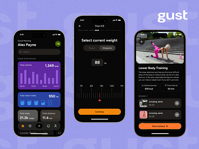 Gust Application design & Visual Identity app design branding calorie tracker design fitness fitness app gust gym logo ui ux visual identity