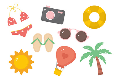 Summer icon set. Isolated items on white background. art camera decoration graphic design modern palm print summer sun swimsuit trend web