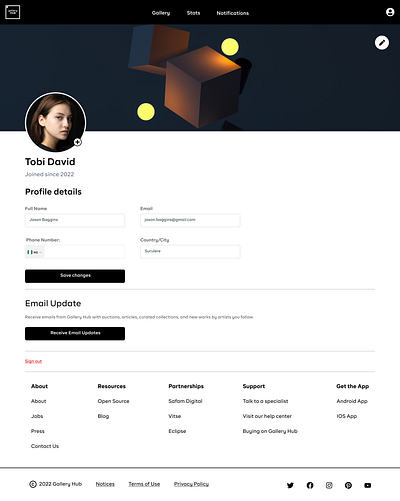 Profile Page for an Art Gallery app design ux
