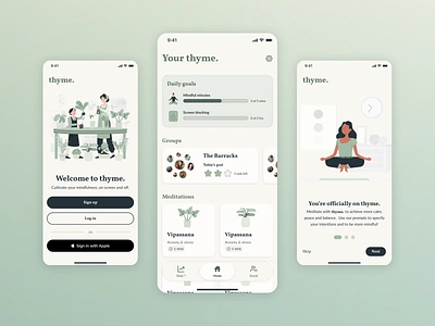 Meditation & mindfulness app app calm design figma lato meditation mindfulness mobile mobile application product design screen time sign up signup social storyset thyme ui vollkorn