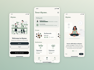 Meditation & mindfulness app app calm design figma lato meditation mindfulness mobile mobile application product design screen time sign up signup social storyset thyme ui vollkorn