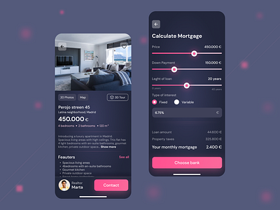 Mortgage calculator app dark mode design mobile ui