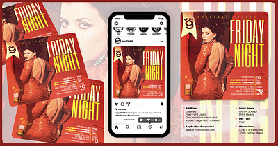 Friday Night Flyer 300dpi advertise banner branding club party cmyk design flyer flyer templates friday night graphic design invitation ladies party night party poster print ready red square dimension template trendy